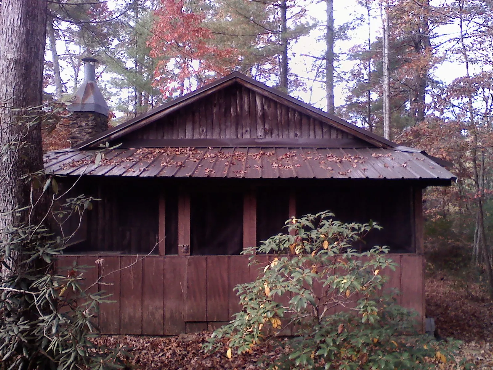 Metal roof over the screened porch of a rustic cabin in Big Piney