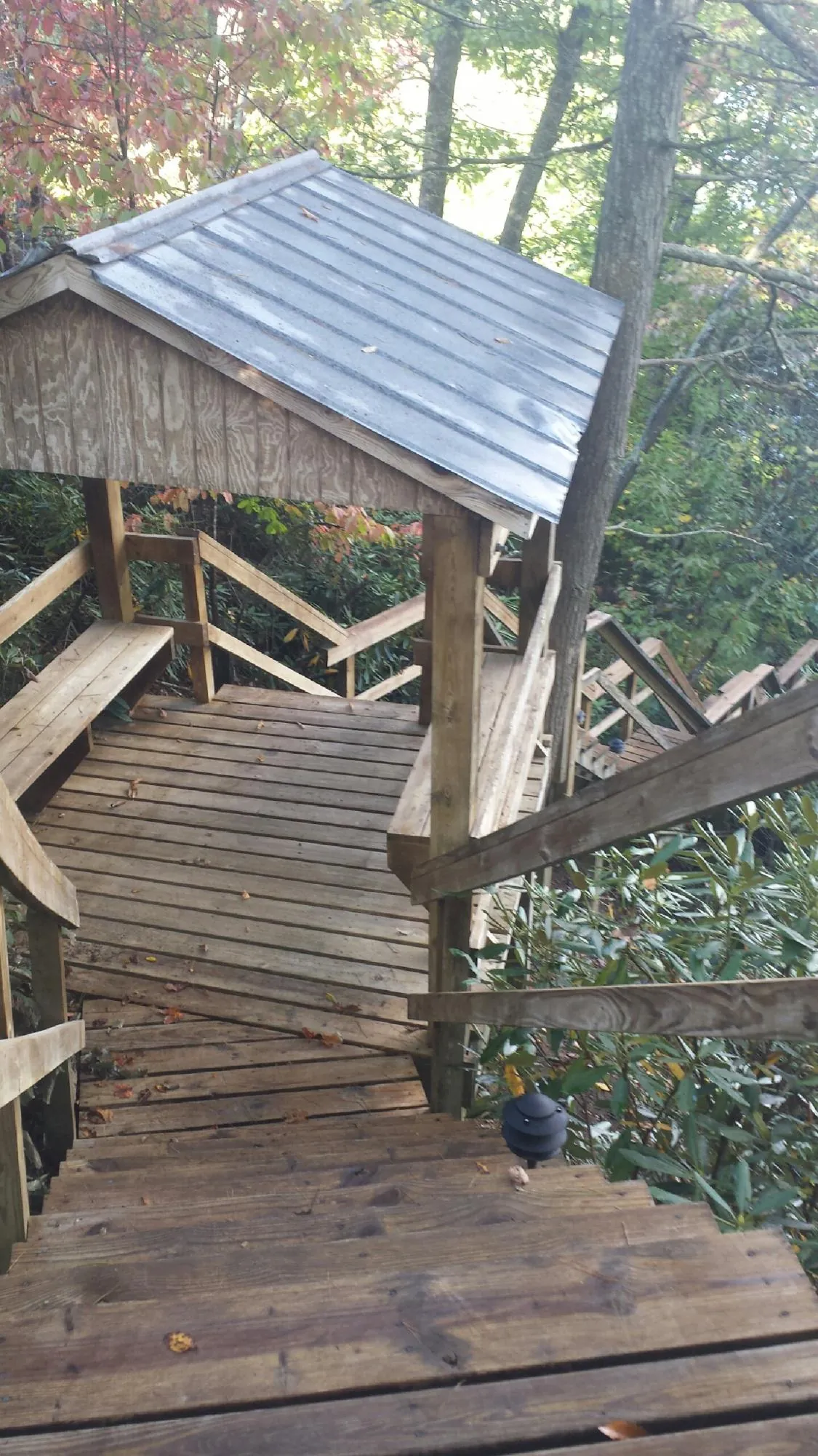 Metal roofed shelter over wooden steps on a wooded walkway — Skylight Repair & Installation work by our crew in Big Piney